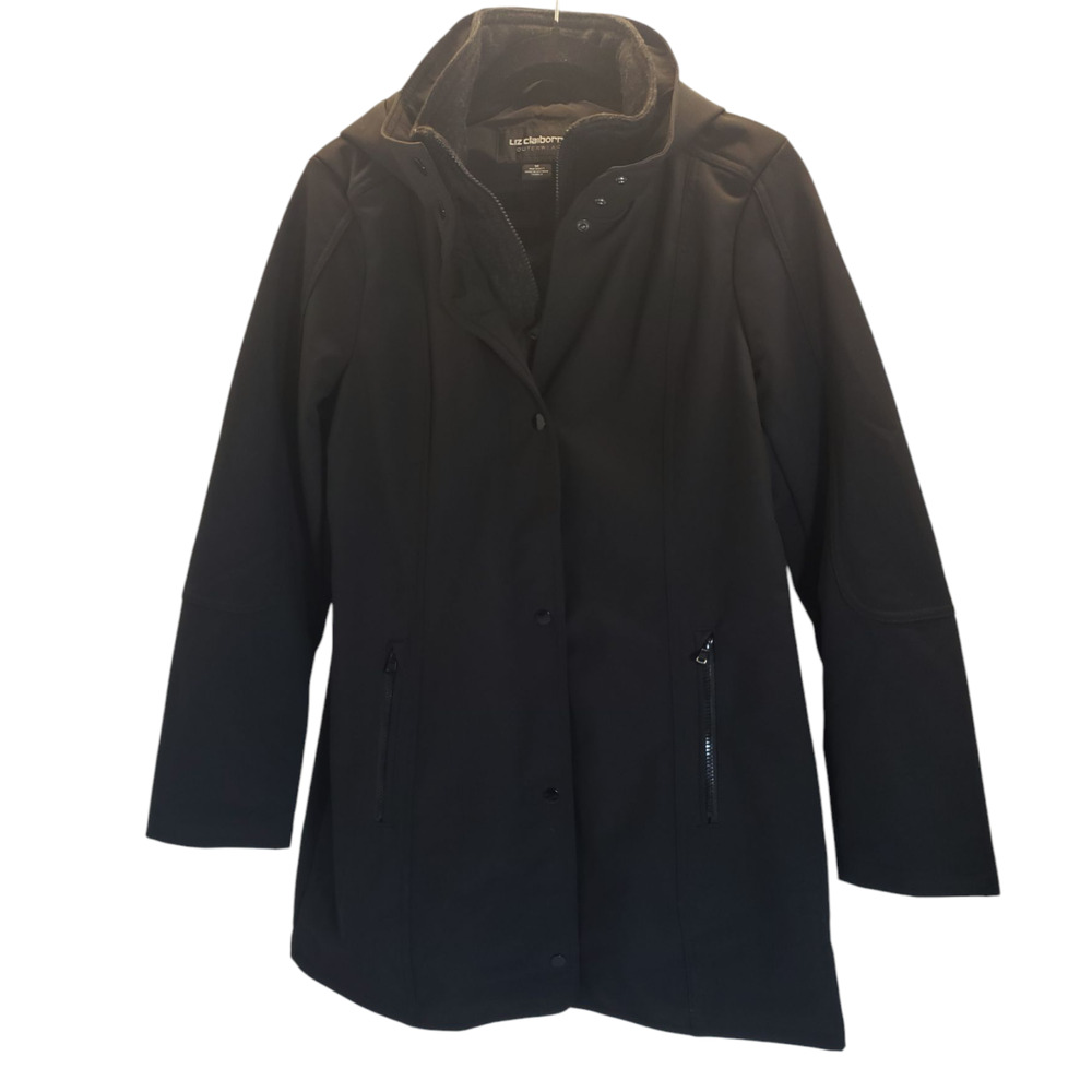 Liz Claiborne Women’s All Weather Coat Medium Black Zip/snaps Hooded Mesh Lining